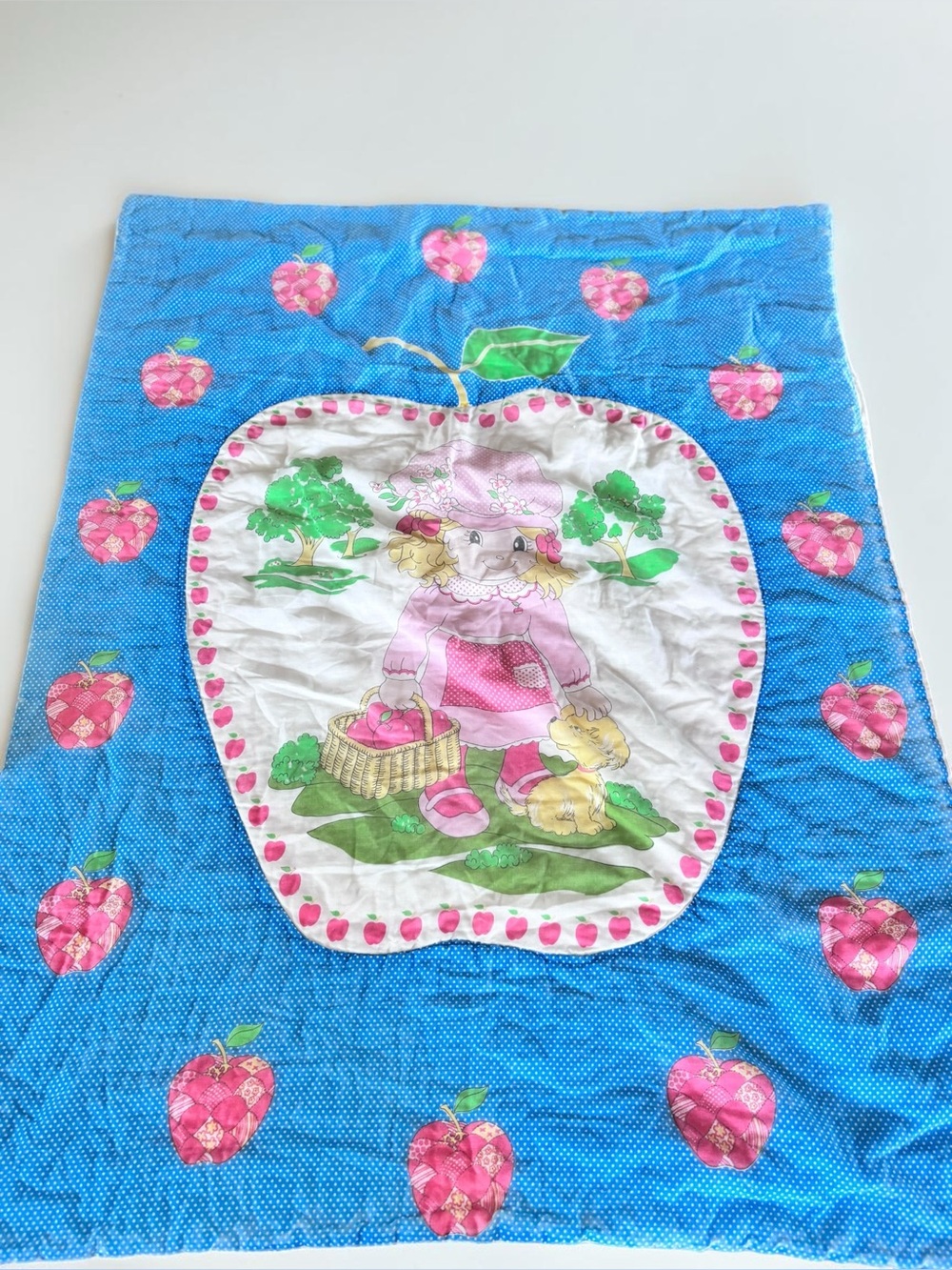 Vintage Strawberry Shortcake Baby Blanket Blue Pink Apples